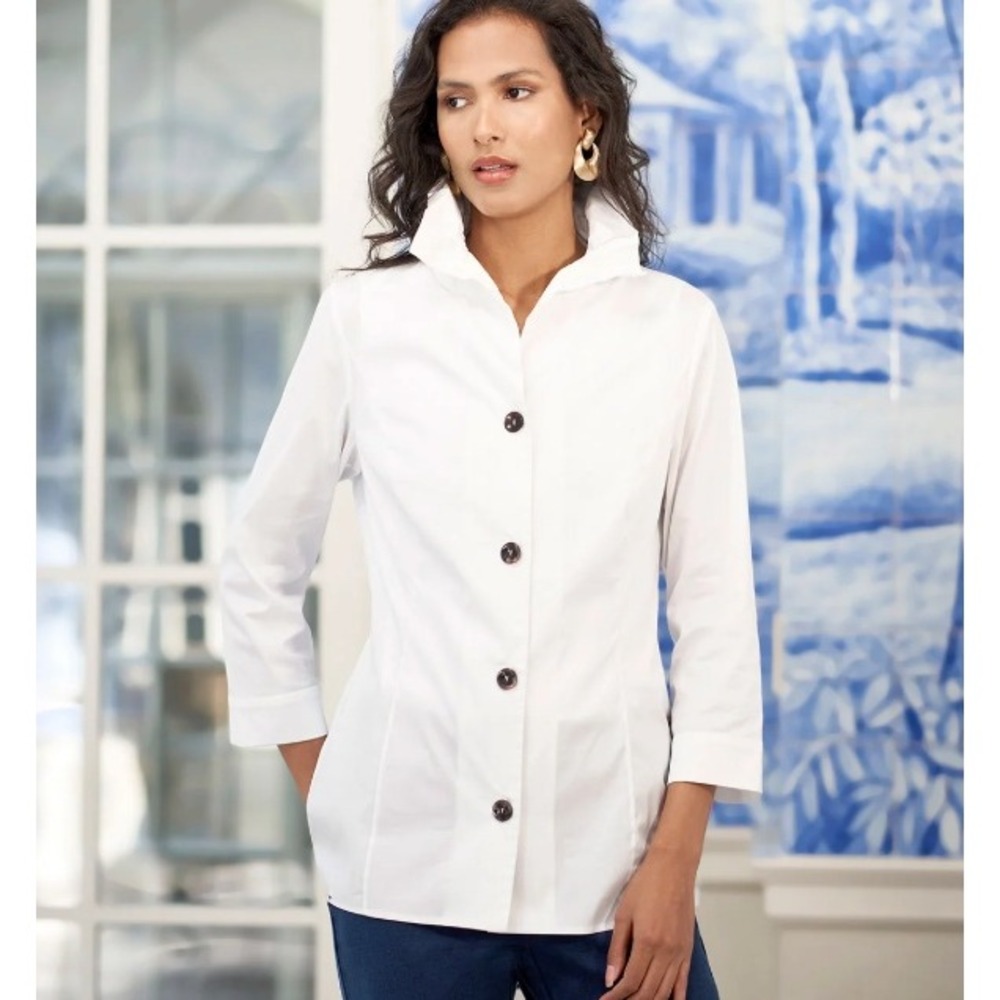 Ming Wang Ruffle Neck Button Front Stretch Cotton Blouse Quiet Luxury Old Money